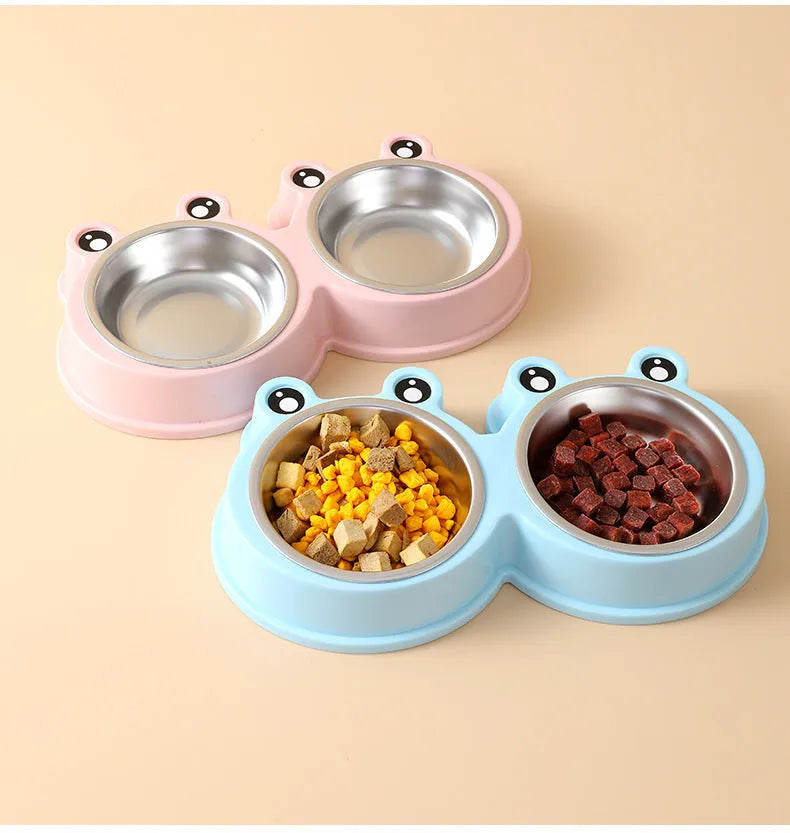 Stainless steel pet double bowl with frog design featuring separate food and water compartments