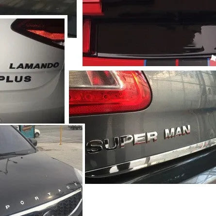 3D metal zinc alloy car bumper sticker letters in black and silver, showing raised 2.5cm design