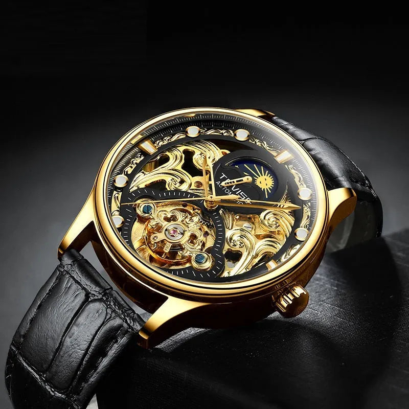 Men's gold leather strap automatic waterproof business watch with 16mm case.