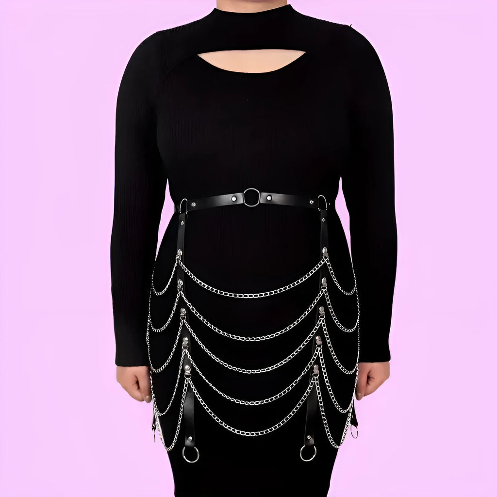 Black PU leather waist chain with bandage-style adjustable binding for women's fashion accessories