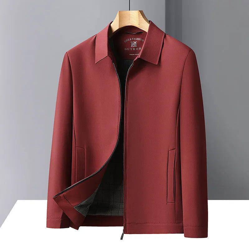 Men's solid colour casual jacket with polo collar and side pockets in khaki, navy, or red.