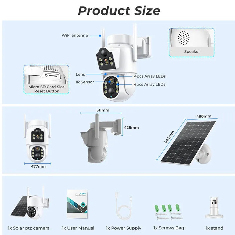 Outdoor solar wifi security camera with separate solar panel for wire-free home surveillance installation