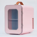 Pink mini refrigerator with transparent door showing 6L capacity for car and home cooling and heating