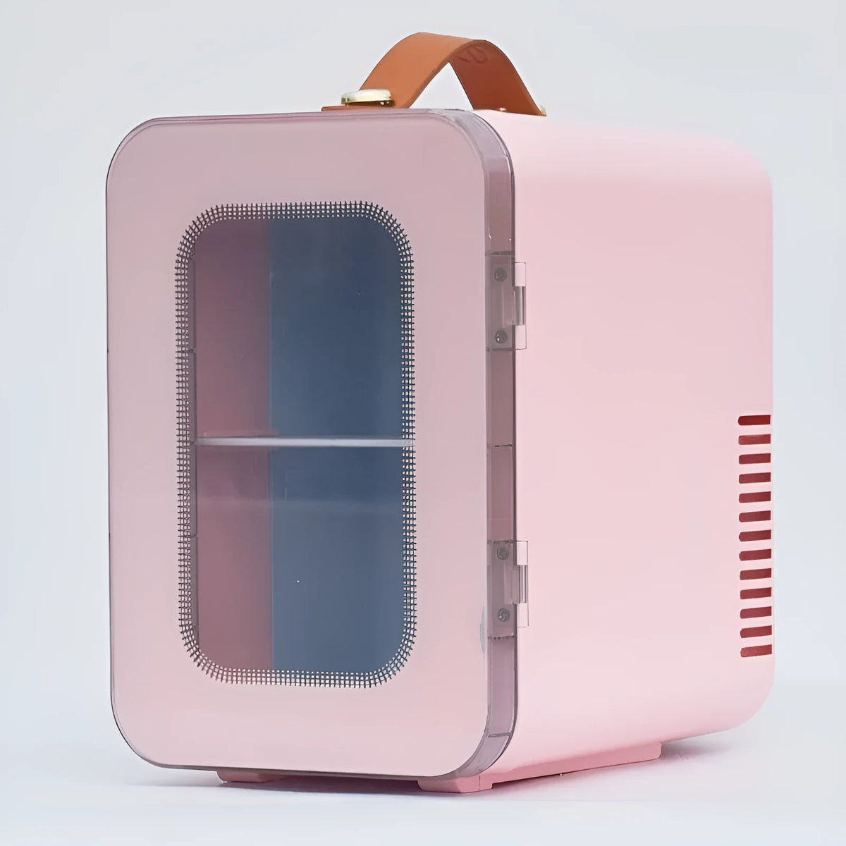Pink mini refrigerator with transparent door showing 6L capacity for car and home cooling and heating