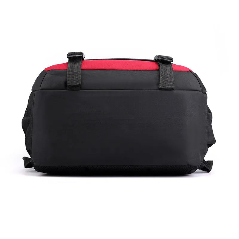Waterproof nylon student backpack with airpillow straps available in black, red, blue, and grey colours