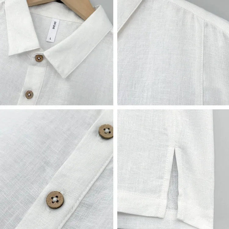 Men's loose-fit linen summer top with thin lapel collar and short sleeves.