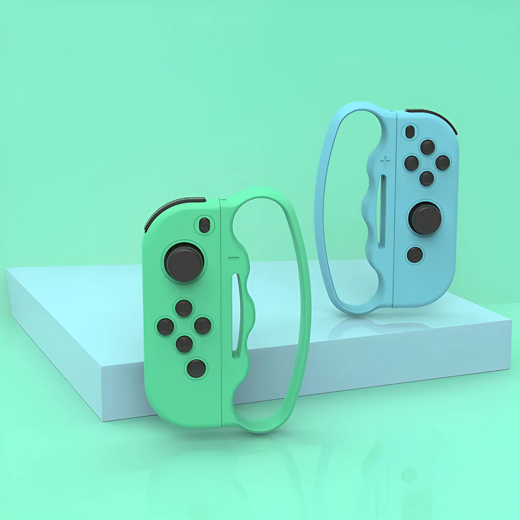Two Nintendo Switch Joy-Con controller grips with hand ropes in assorted colours