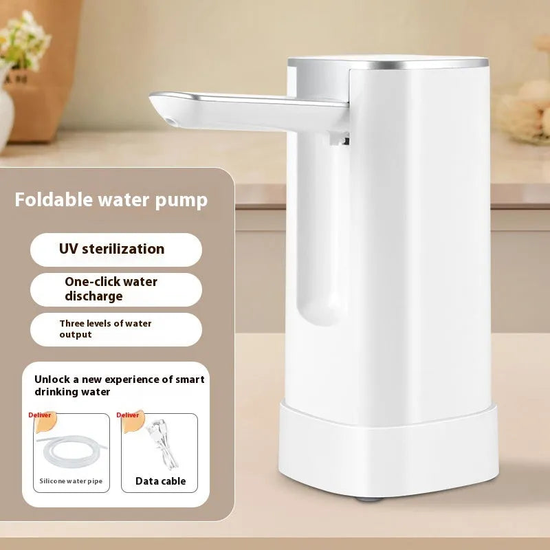 Folding water pump with LCD touch screen, 4W 5V, white or black base, for bucket or table use.