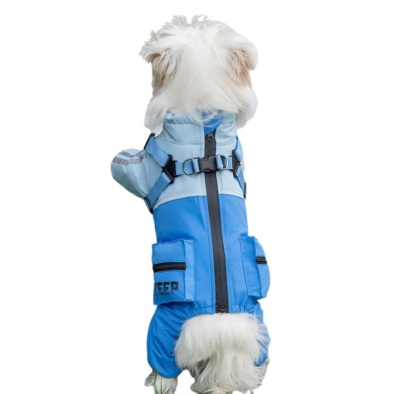 Autumn winter dog raincoat for small medium dogs windproof waterproof four-legged cotton coat with reflective stripes blue colour