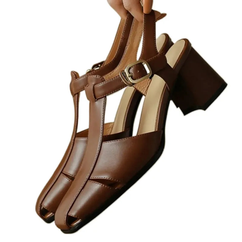 Hollow retro closed toe chunky heel sandals for women, leather upper, black and dark brown colour options