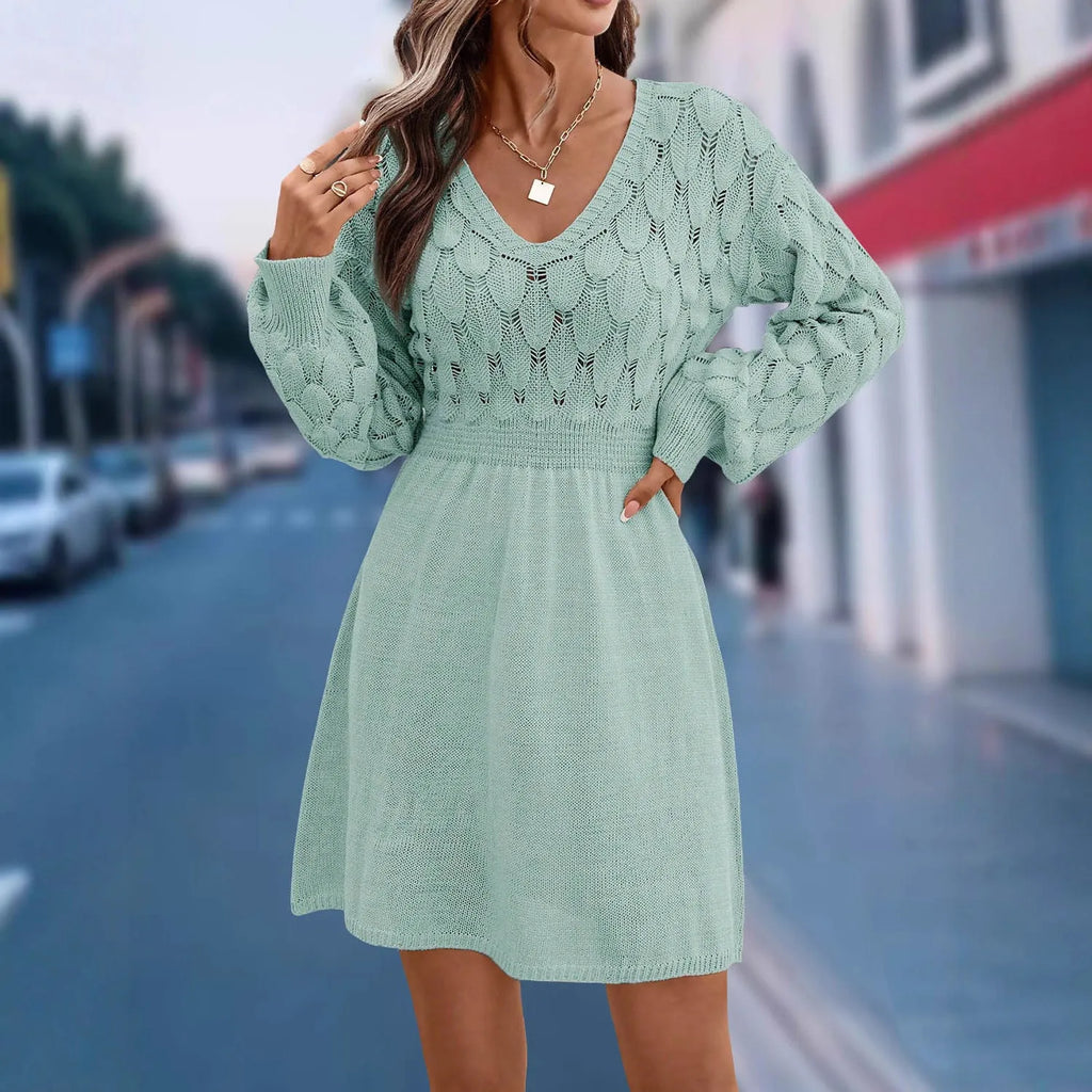 Women's artistic retro acrylic V-neck beach dress with long sleeves, high waist, 3D pattern, in apricot colour.