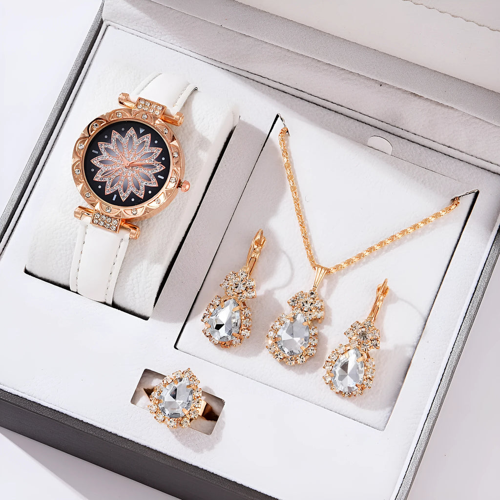 Women's quartz watch bracelet set with faux leather strap, stainless steel buckle, and matching jewellery