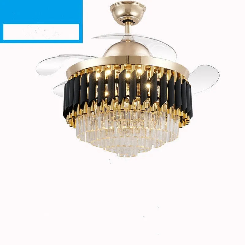 Crystal chandelier style ceiling fan light with remote control on a white ceiling.