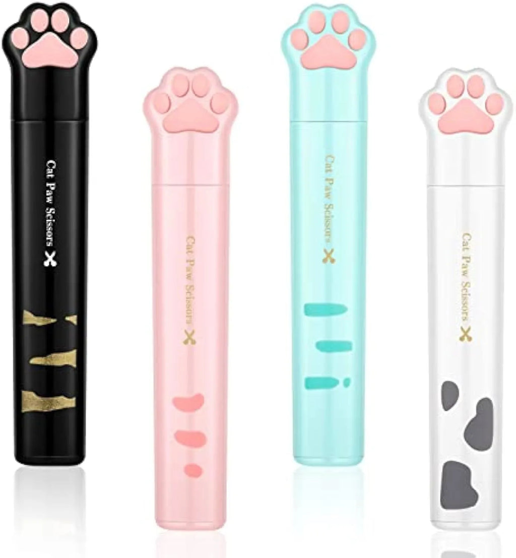 Mini folding scissors with cat paw design on handle, shown in pink, white, black, and blue colour options.