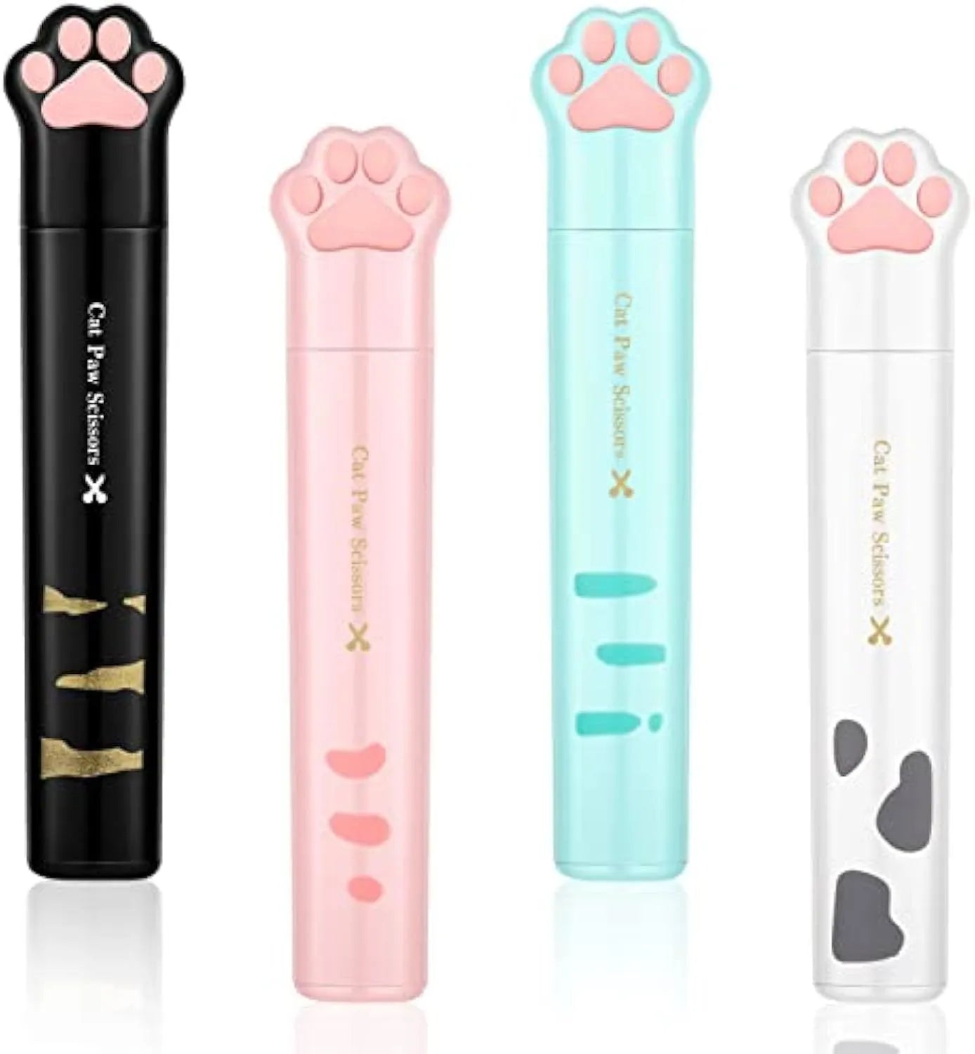 Mini folding scissors with cat paw design on handle, shown in pink, white, black, and blue colour options.