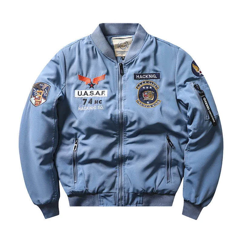 Men's slim-fit black retro embroidery motorcycle coat with a stand collar and patch pockets.