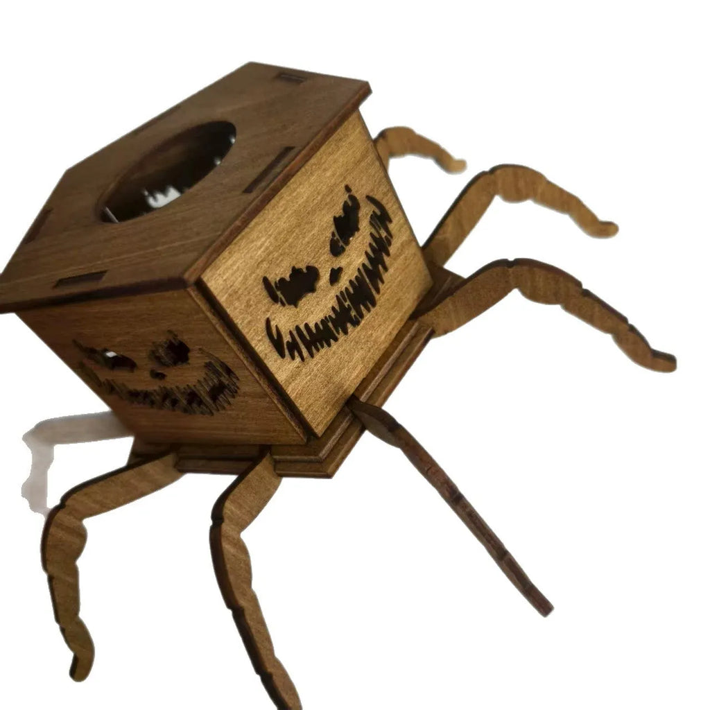 Wooden Halloween spider lantern candlestick decoration measuring 21 by 8.5 centimetres