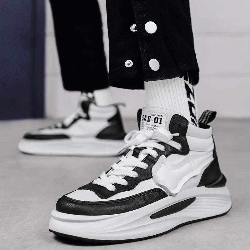 Men's black and white platform high-top board shoes with round toe and wear-resistant sole