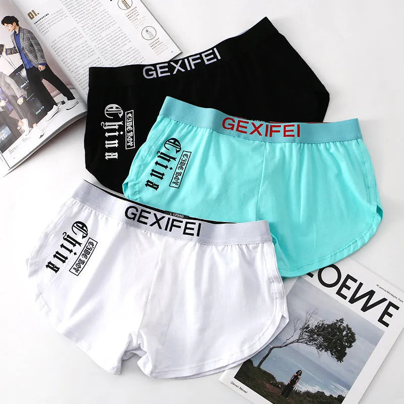 Men's loose breathable cotton boxer briefs, plus size mid waist, letter number text pattern, white black grey blue cyan dark grey