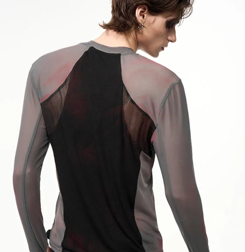 Tight mesh stitching long sleeve top with round neck in picture colour, available in sizes M to XXL