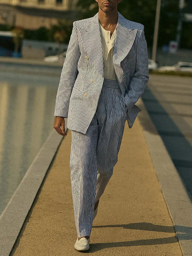 Blue and white striped women's polyester blazer and trouser suit set