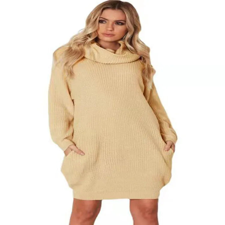 Mid-length pullover sweater with loose lapel collar and side pockets in slim fit