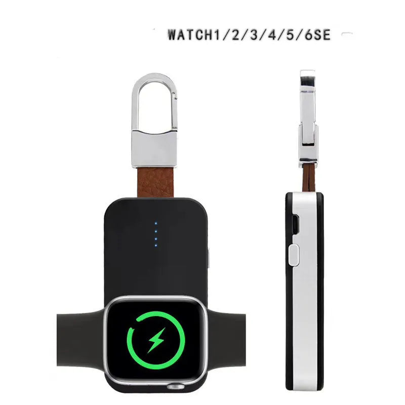 Black ABS Apple Watch wireless charging power bank on a keyring, shown next to an Apple Watch.