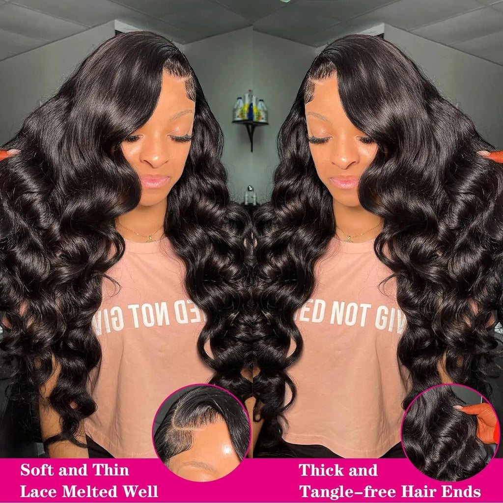 Black medium-length synthetic wig with natural wave curls on display stand