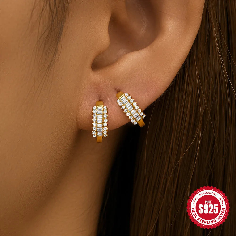 Sterling silver geometric stud earrings with round diamond eardrops in gold and silver colour options