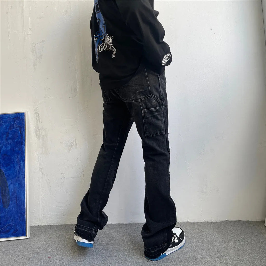 Black micro flared patchwork jeans with raw edge seams and loose straight tube leg, sizes S to 2XL
