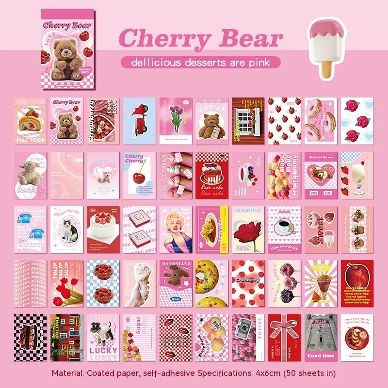 Copper board paper cartoon sticker book open showing 4x6cm sheets in various colours.