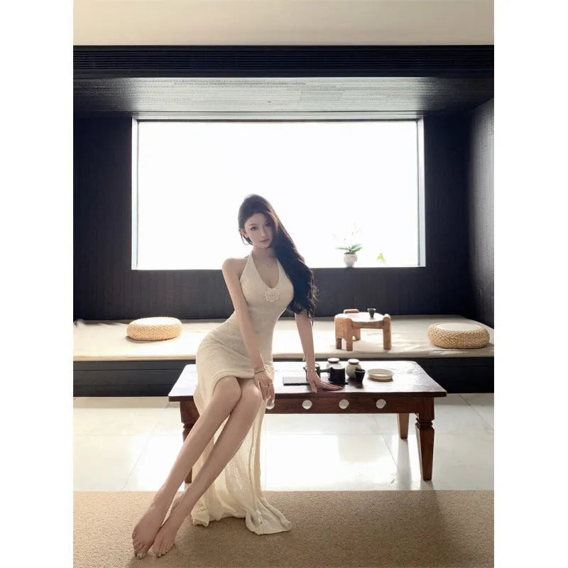 Backless slit strap knit midi dress for women in green or apricot, sleeveless high waist one size