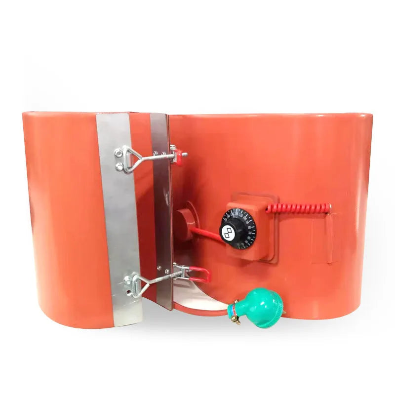 Silicone rubber heating belt wrapped around 200-litre oil drum with electrical controls