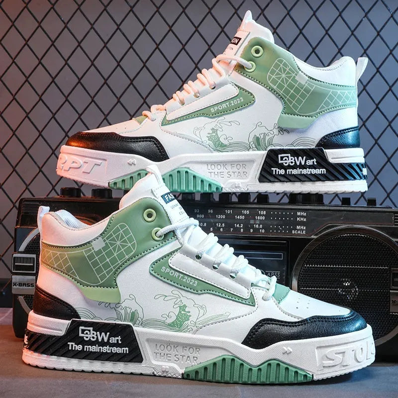 Men's increased height board shoes in beige, white, or blue with rubber soles and mesh lining