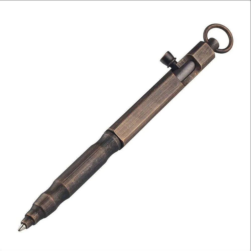 Brass machine gun tactical pen with hexagonal bolt design showing brass natural colour finish