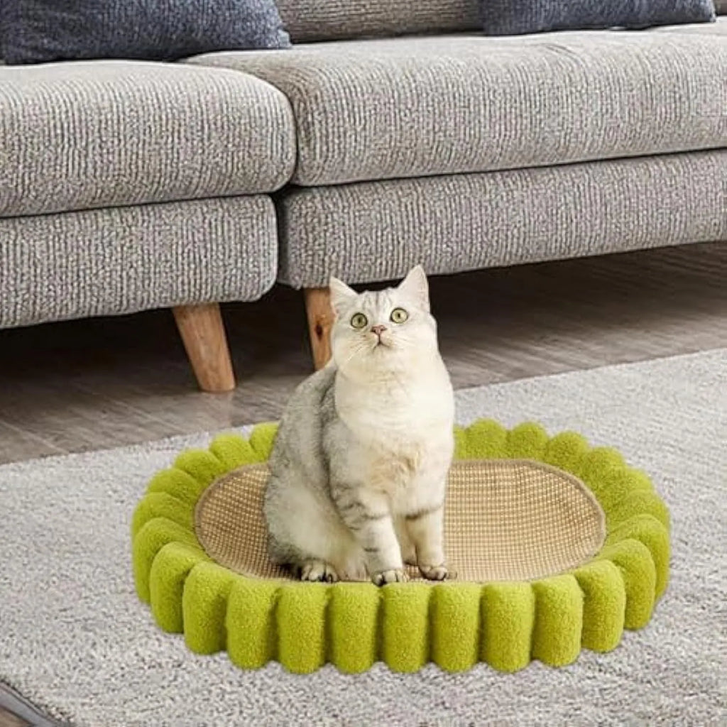 Green oval sisal cat scratcher pad bed measuring 650mm by 420mm