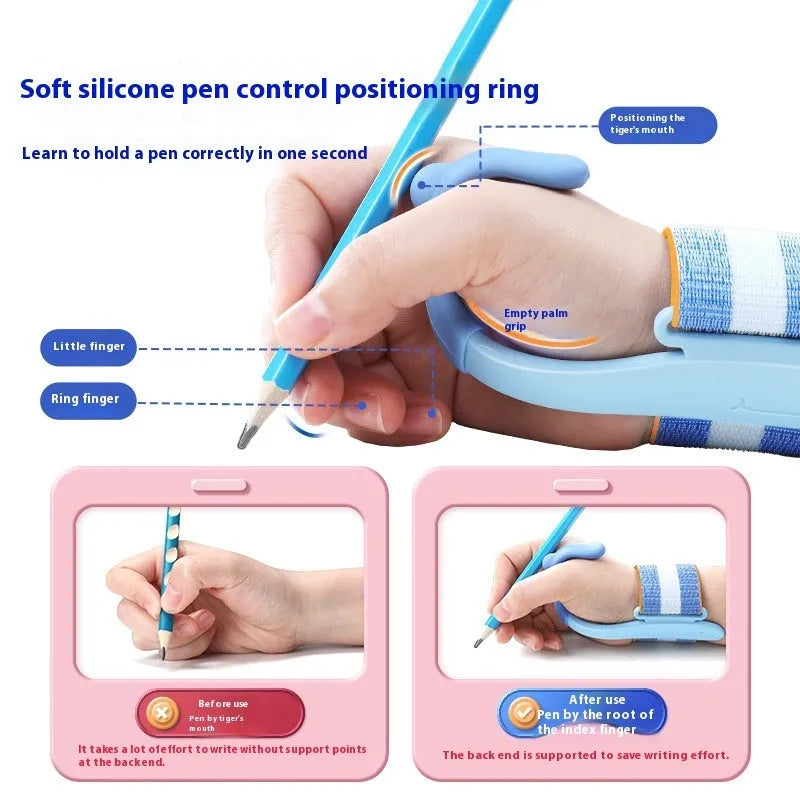 Blue and pink anti-hook pen holder corrector for writing posture training