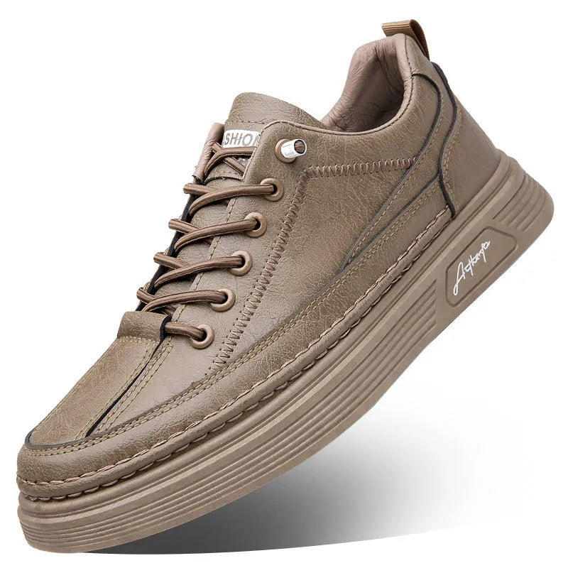Men's British style casual shoes in black, gray, or khaki with PU upper, rubber sole, and elastic band slip-on design