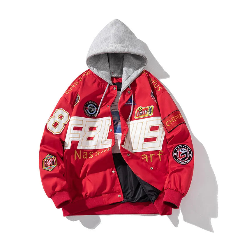 Loose-fit black motorcycle couple baseball jacket with side pockets and a removable hood.