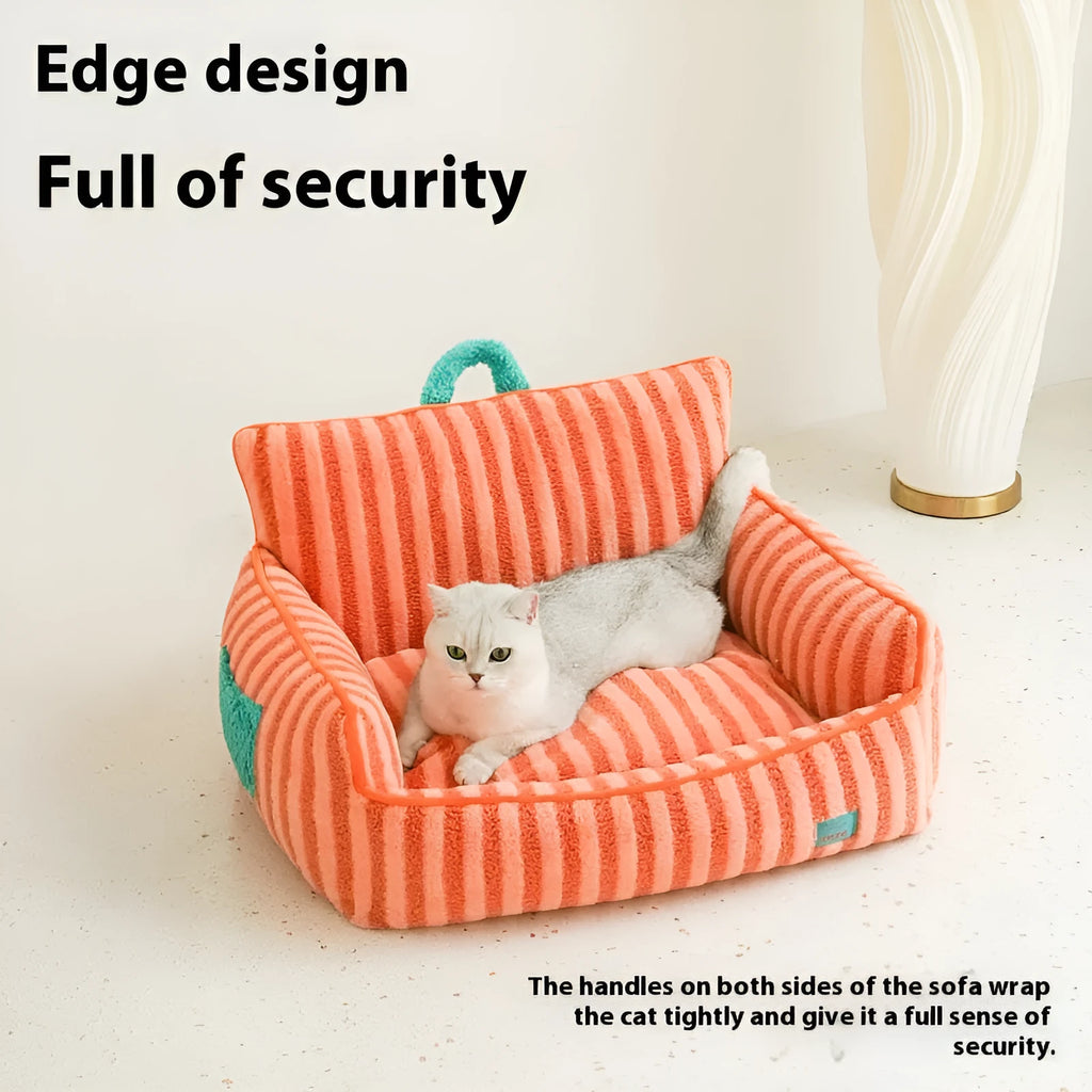 Striped soft velvet pet bed with removable cover in orange, purple, and yellow colour options