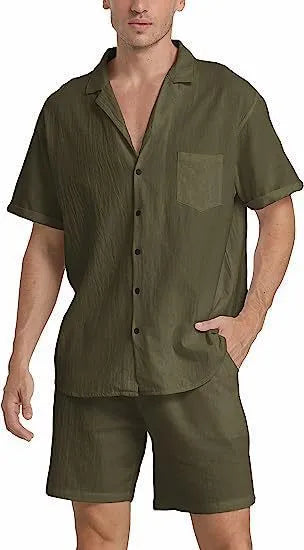Men's flax summer sports shorts suit in army green with short-sleeved top and matching trousers