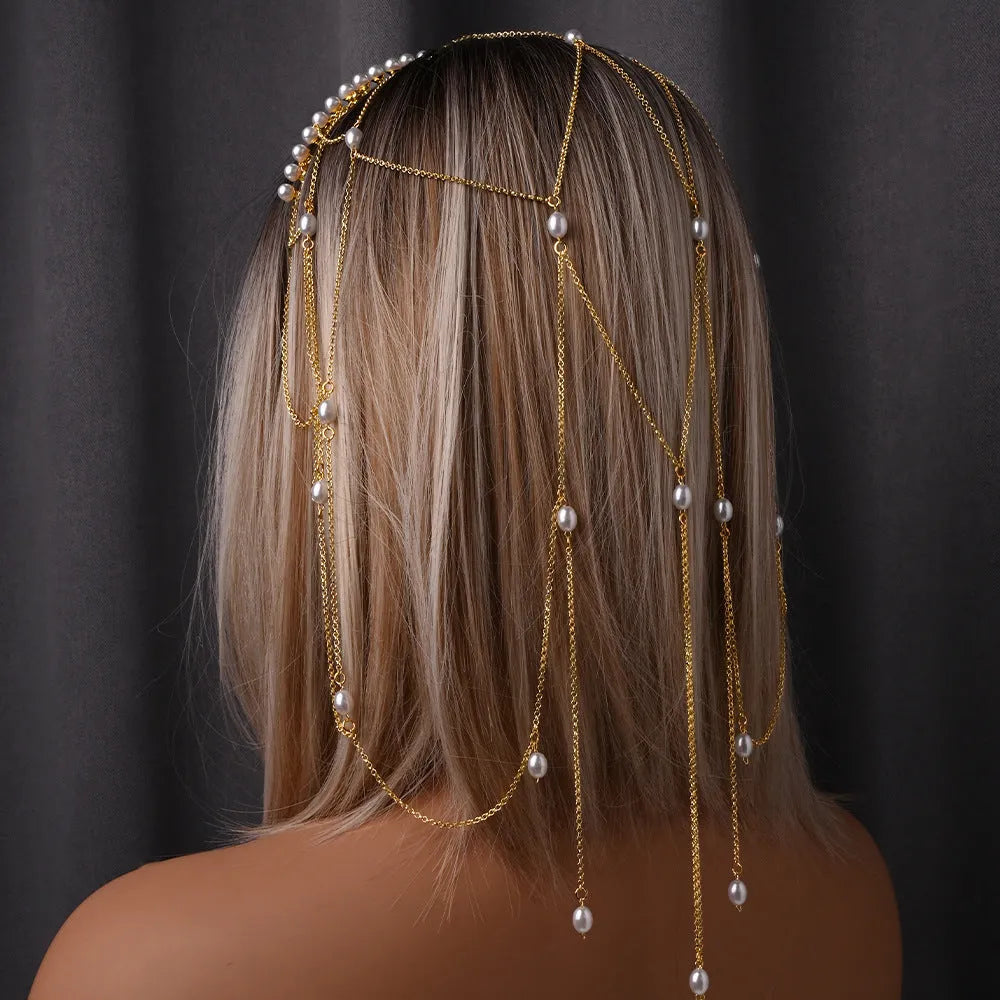 Women's pearl tassel hair chain accessory in gold or silver colour with adjustable band