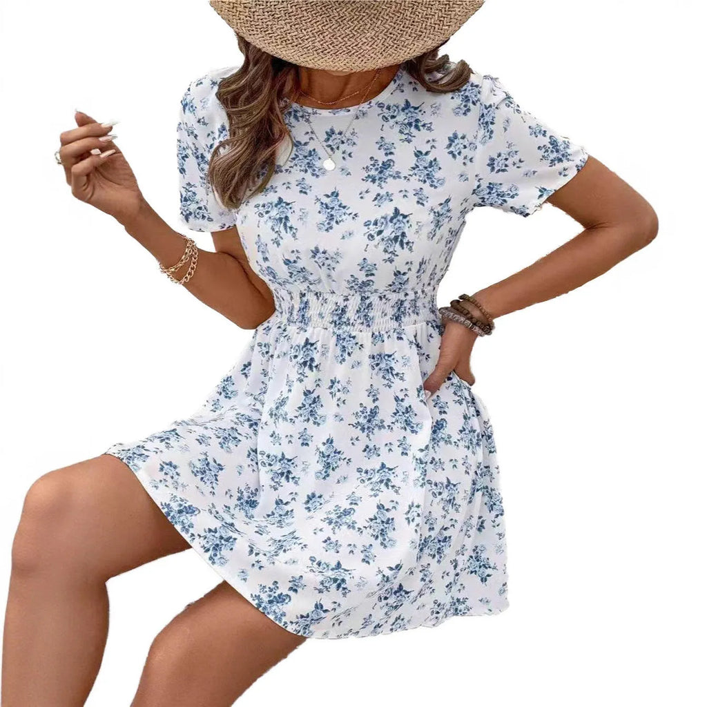 Light blue high waist A-line casual dress with midi length and regular sleeves