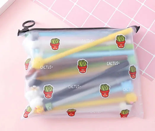 20 black cartoon cactus design pens with 0.5mm tips and a matching plastic pen case.