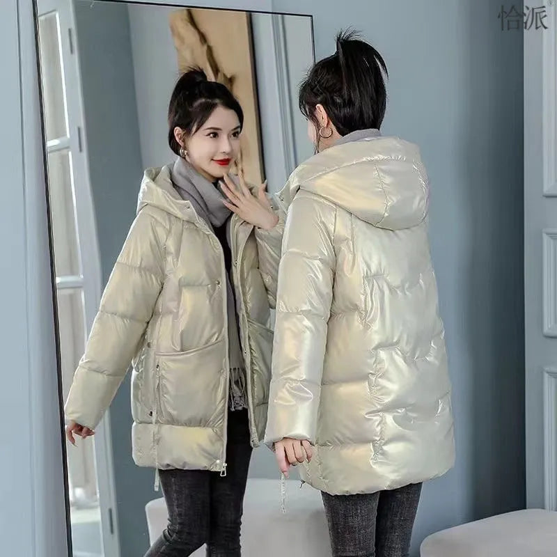 Women's loose fit thick acrylic winter jacket with hood in blue colour