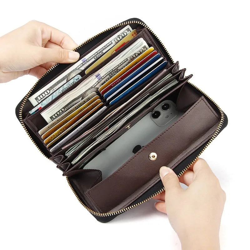 Genuine leather long women's wallet in multiple colours showing anti-theft card slot and storage compartments