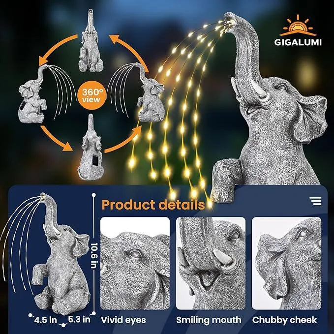 Grey resin elephant garden sculpture with built-in LED light strip for outdoor decoration