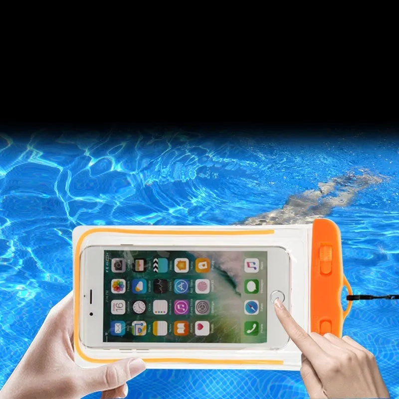 Universal waterproof luminous touch screen phone case in various colours for outdoor water activities