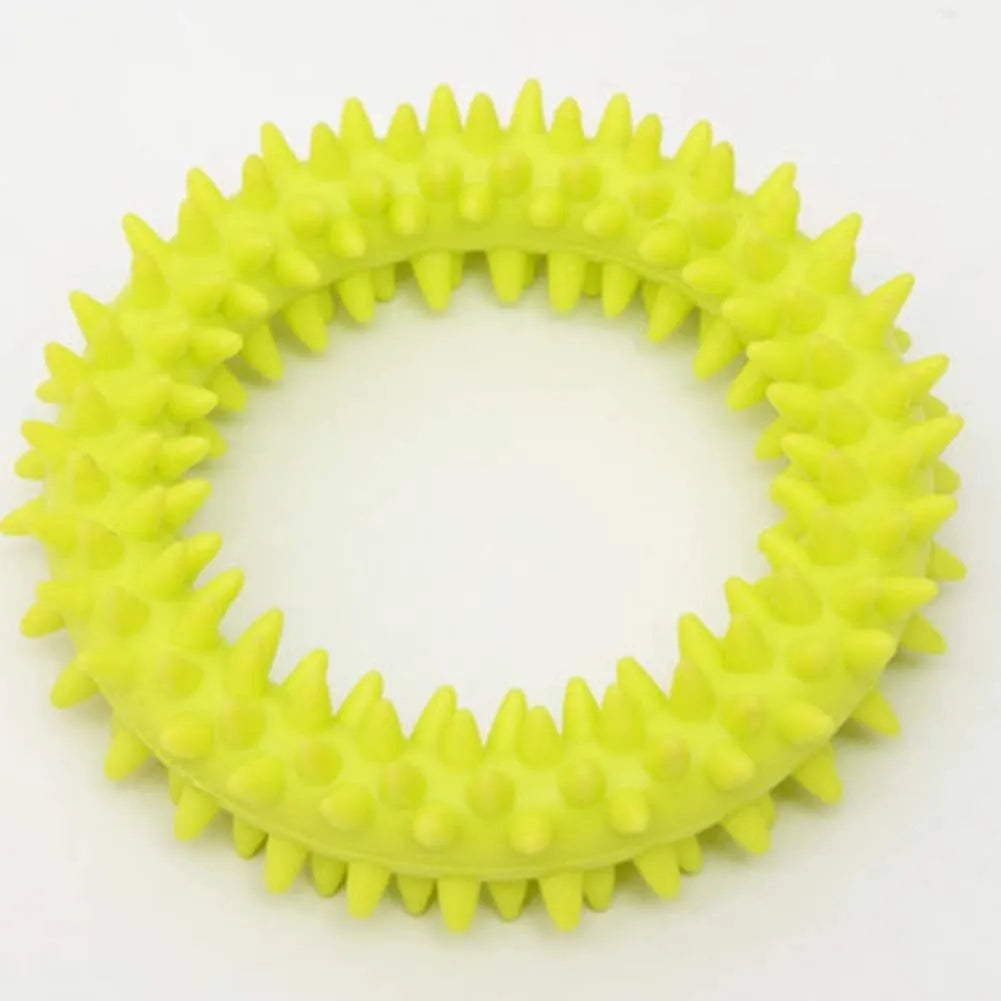 TPR spiky circle ring dog chew toy in blue with textured dental cleaning nubs