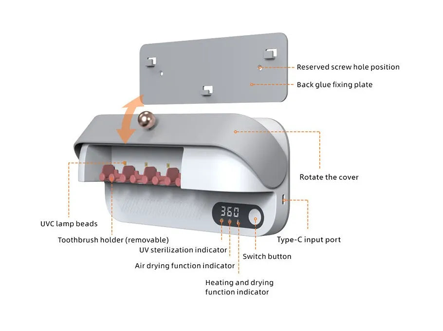 White wall-mounted smart toothbrush sterilizer with USB charging port and button controls